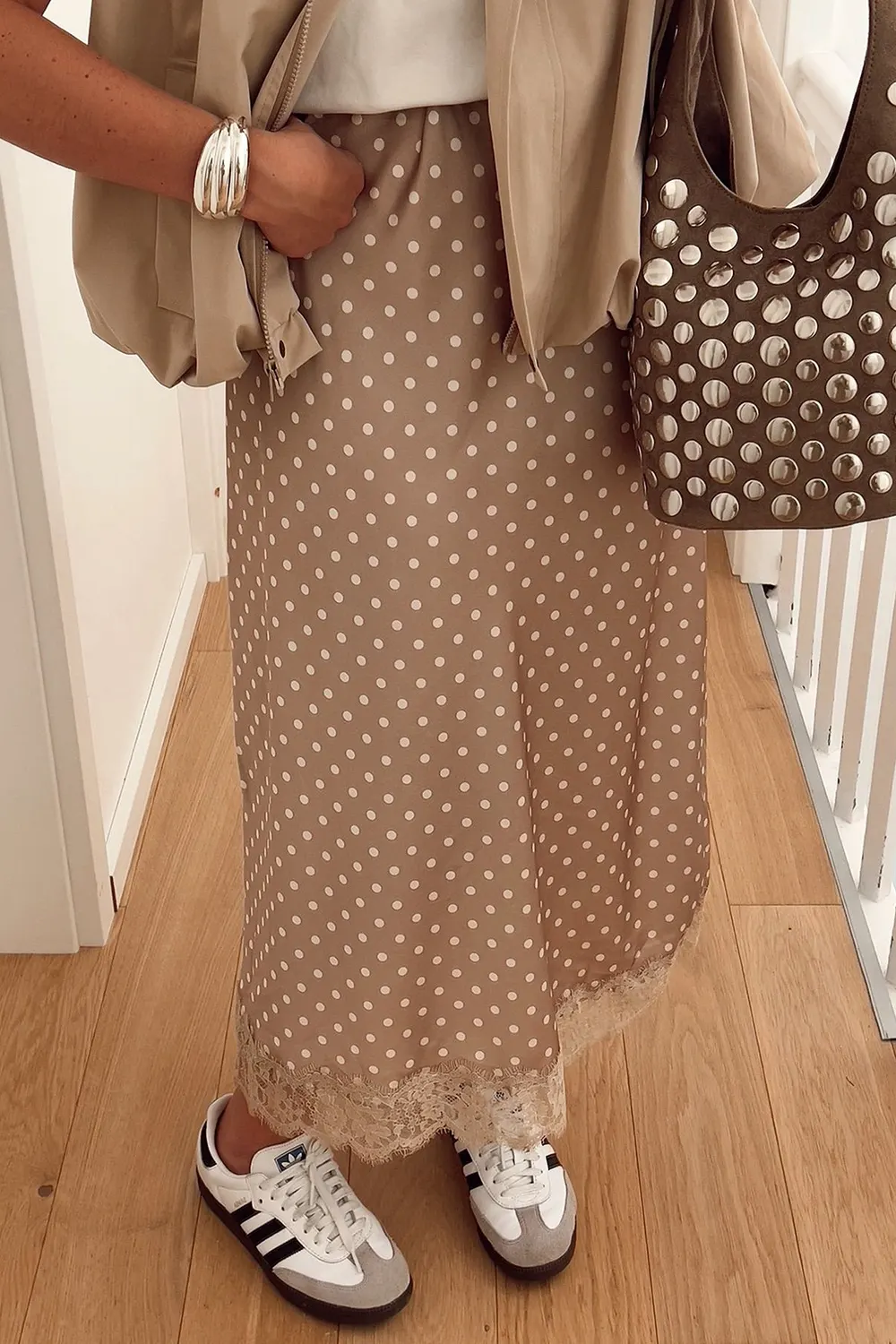 Polka Dot Lace Trim Midi Skirt