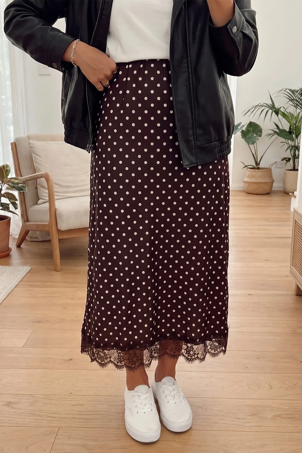 Polka Dot Lace Hem Elegant Long Shift Skirt