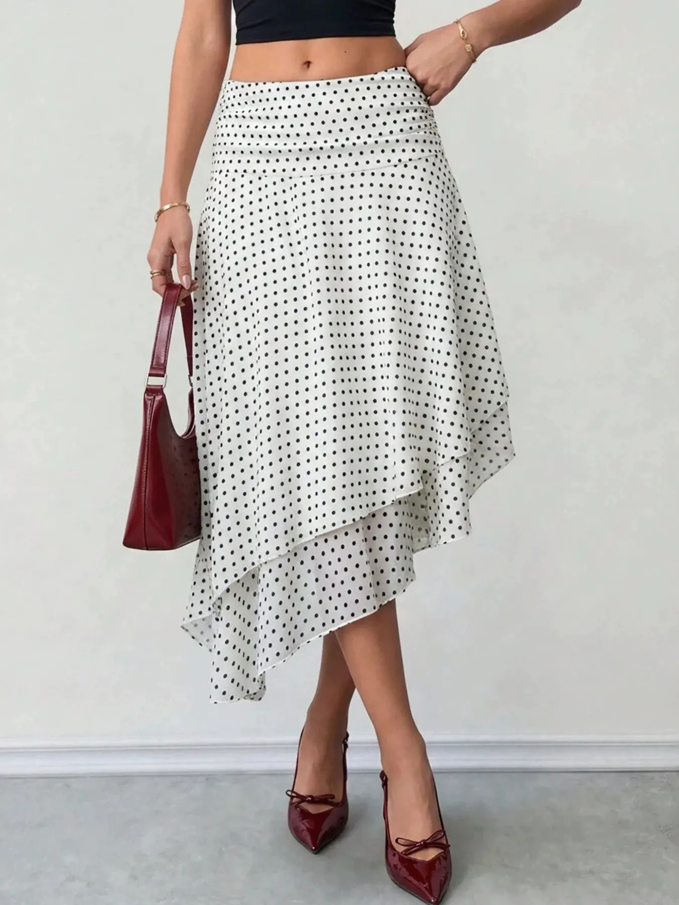 Polka Dot Asymmetrical Hem Midi Skirt