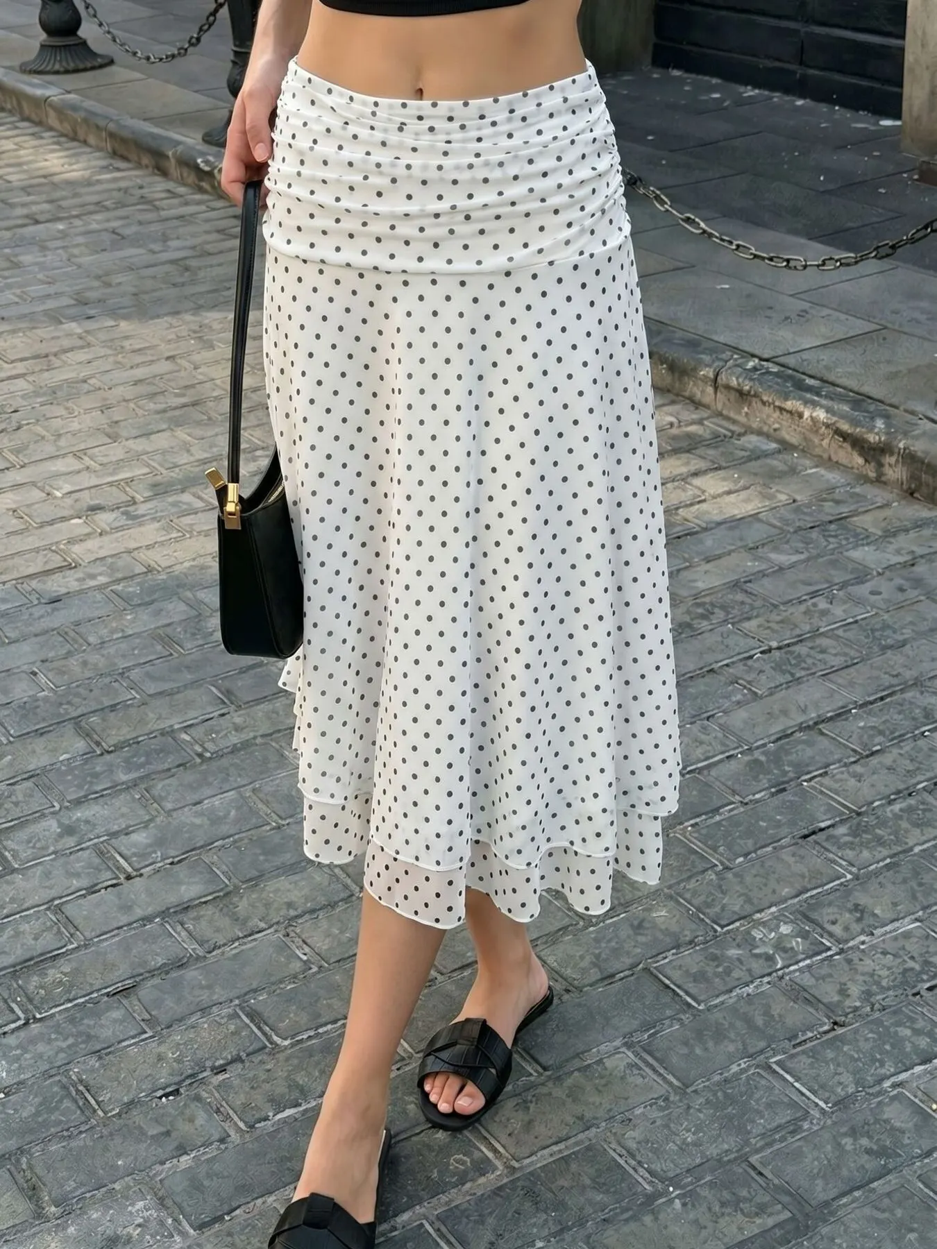 Polka Dot Ruched Waist Midi Skirt