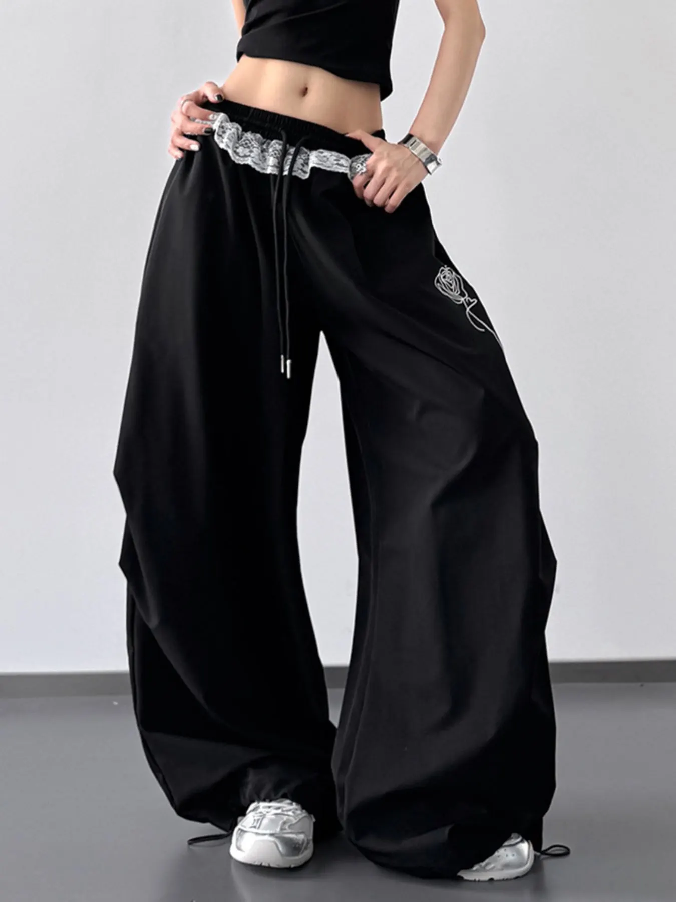 Drawstring Lace Detail Wide Leg Pants